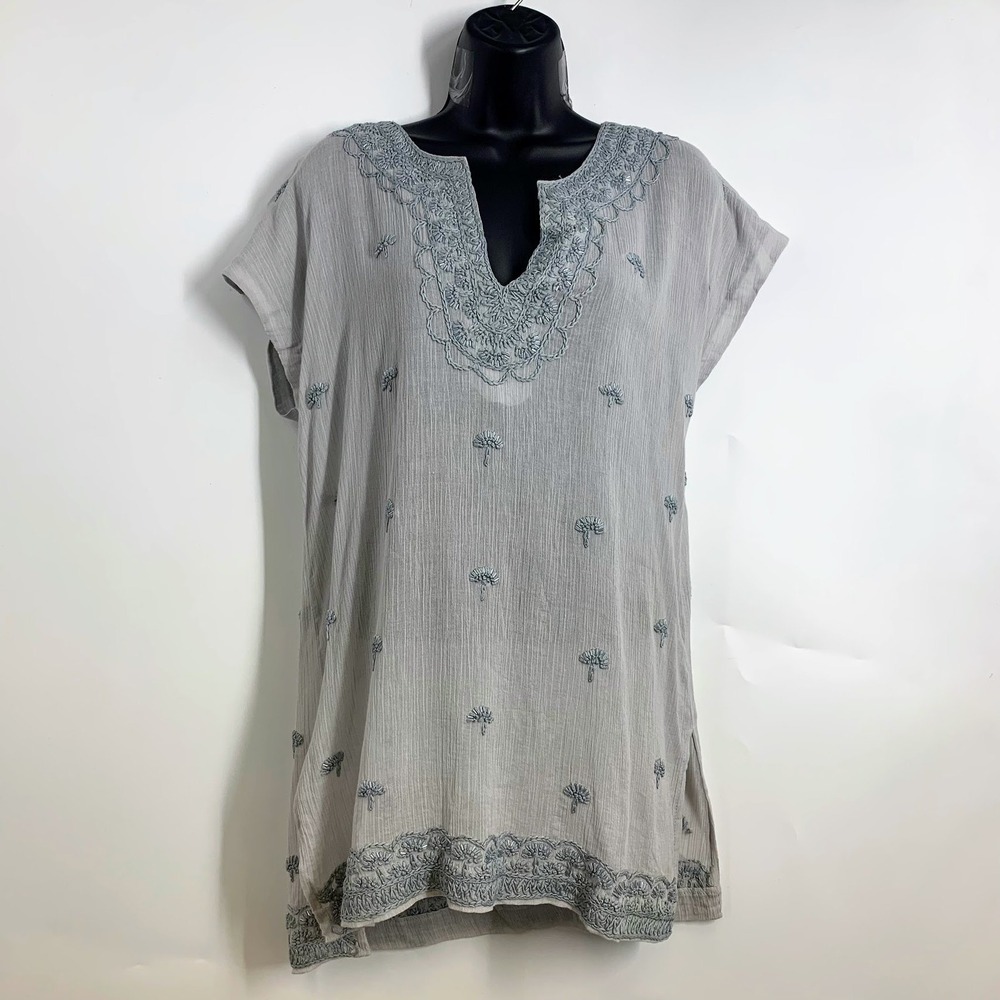 Tommy Bahama Women Gray Embroidered V Neck Tunic Top S/P